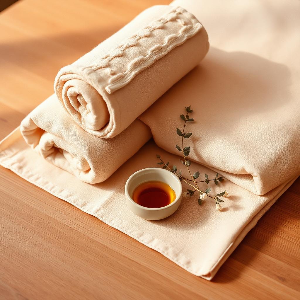 Massage — simulated imagery, Warmed linen & amber oil