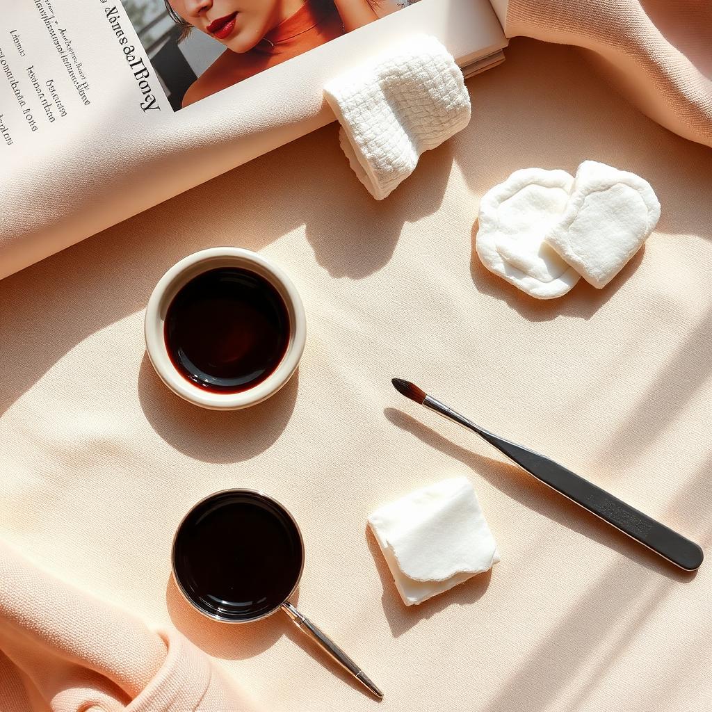 Flat lay of brow tint, fine brush and cotton pads on cream linen