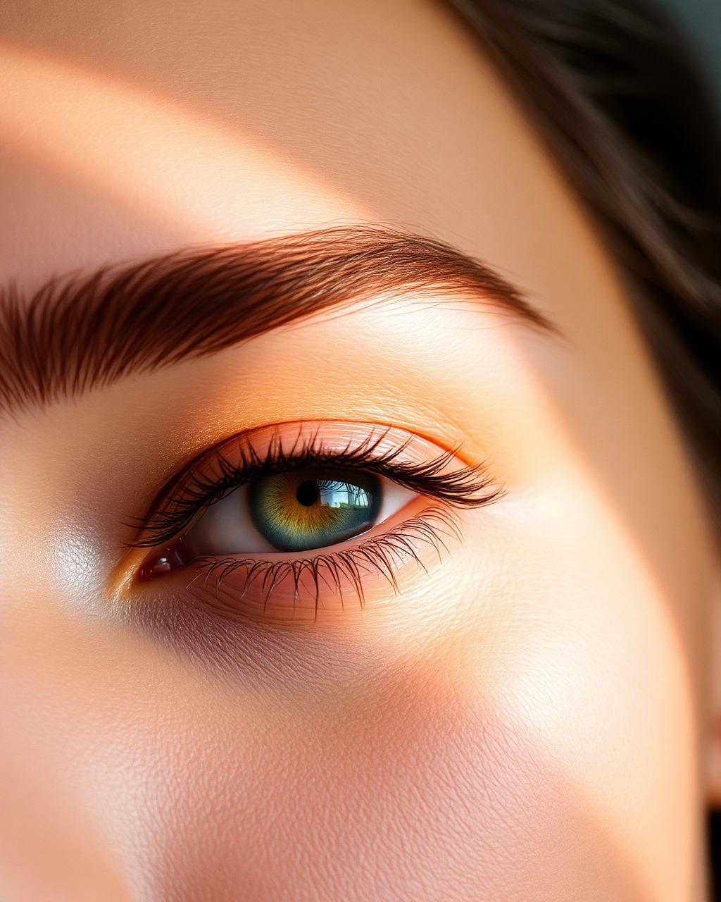Extreme close-up of a shaped natural eyebrow lit by soft window light