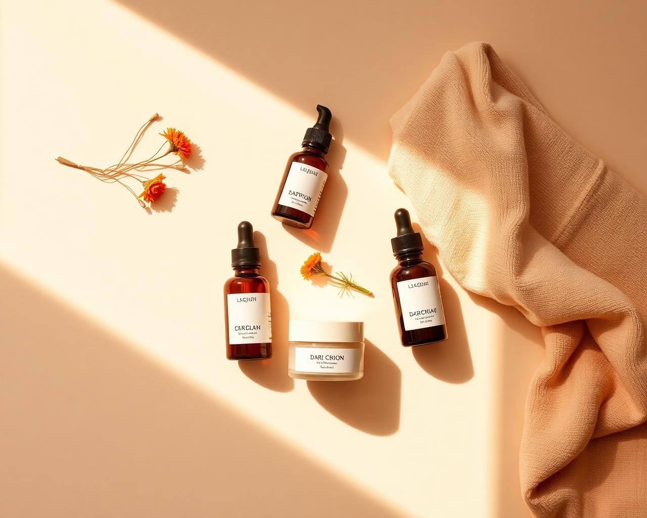 Flat lay of amber skincare bottles, a ceramic jar and folded linen with dried marigold