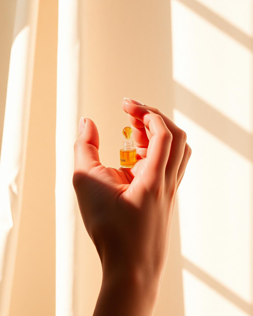 A hand holding a small amber serum dropper in warm window light
