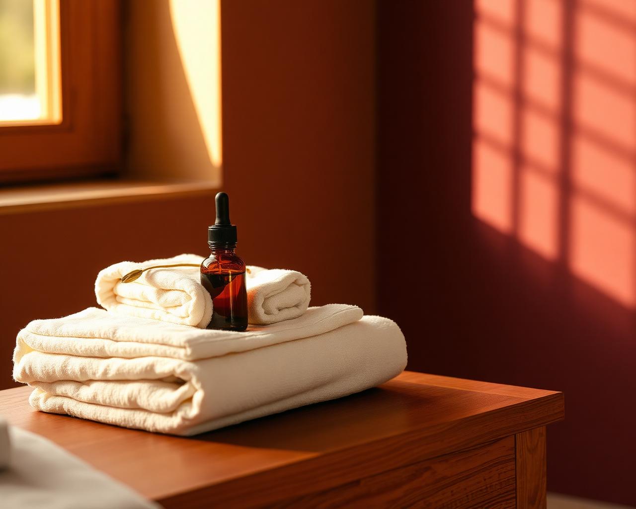 Stacked cream linen towels and a small amber oil bottle in a warm-lit treatment room