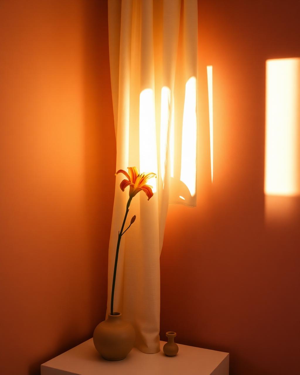 A quiet studio corner with a single marigold lily bloom and a cream linen curtain